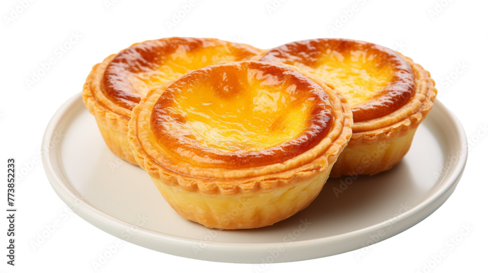 Three mini quiche pies arranged elegantly on a pristine white plate Three mini quiche pies arranged elegantly on a pristine white plate