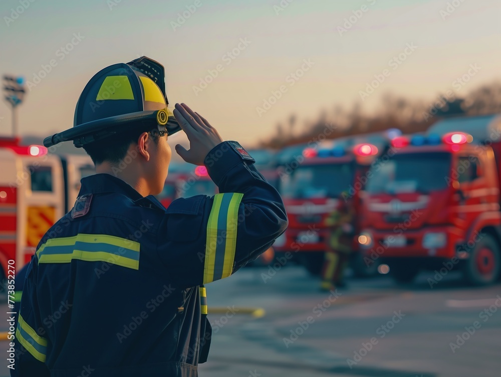 Fireman Saluting to Line of Firetrucks Fireman Saluting to Line of Firetrucks
