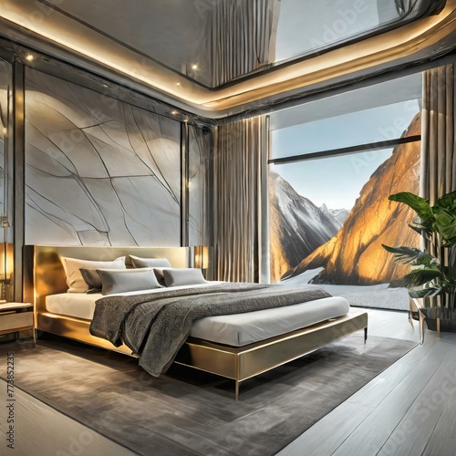 luxury hotel room.A futuristic bedroom design blending sleek silver surfaces with warm golden hues, incorporating minimalist furniture, futuristic lighting fixtures, and reflective metallic accents fo