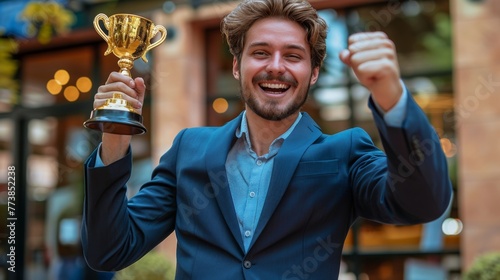 Successful Businessman Holding Trophy