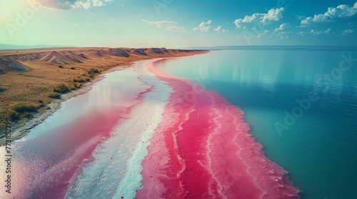 Aerial View of Pink Lake With Road
