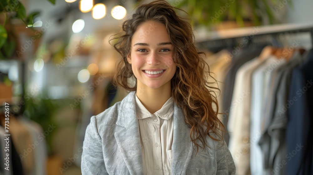 Smiling Woman in Front of Clothes Rack