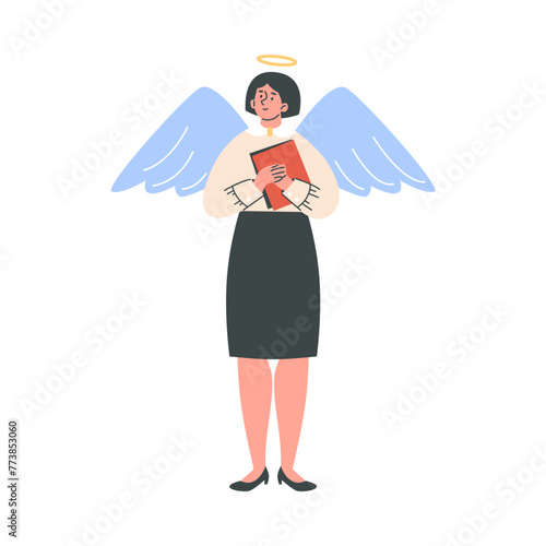Smiling woman with angel wings and nimbus flat style, vector illustration