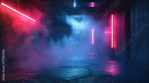 studio room with smoke blue-tinged foggy underpass at night with intense light beams cutting through the mist, highlighting the urban textures