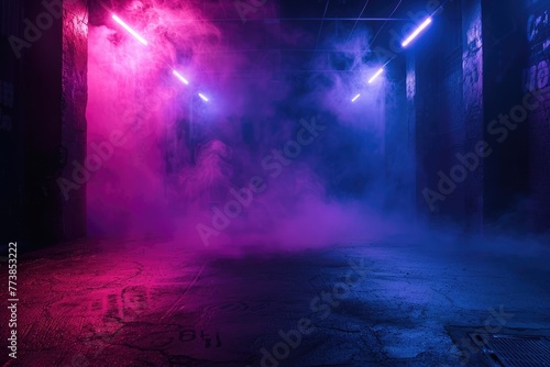 studio room with smoke blue-tinged foggy underpass at night with intense light beams cutting through the mist  highlighting the urban textures