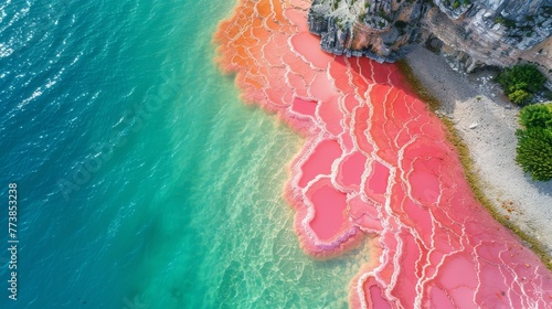 Aerial View of Pink Lake With Road