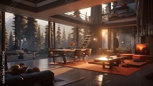 a captivating AI-rendered interior shot that blends the sleek lines of neo-brutalist design with the atmospheric world of Horizon Zero Dawn  offering a glimpse into a futuristic living space