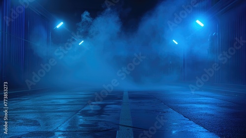 studio room with smoke blue-tinged foggy underpass at night with intense light beams cutting through the mist, highlighting the urban textures © ttonaorh