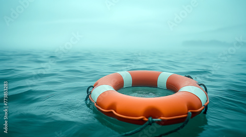 Orange and white lifebuoy floating in the middle of the ocean Life preserver in the water Safety equipment