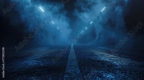 studio room with smoke blue-tinged foggy underpass at night with intense light beams cutting through the mist, highlighting the urban textures photo
