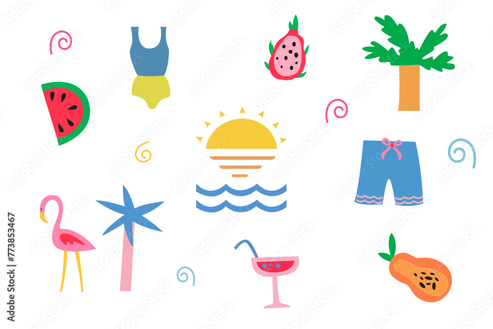 Naklejka premium Cute summer vacation seamless pattern with tropical fruits, swimsuit and palm leaf vector on a white background