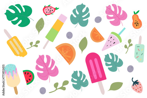 Summer seamless pattern with ice-cream and fruits. Cute bright summer vacation pattern with tropical fruits, ice cream and palm leaf vector