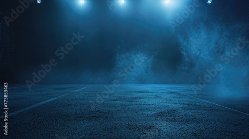 studio room with smoke blue-tinged foggy underpass at night with intense light beams cutting through the mist, highlighting the urban textures