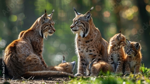 Family of Lynxes in Sunlit Forest