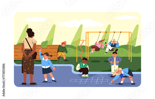 Children swing, play hopscotch, drawing with chalk, learn nature, around world. Kindergarten group has fun on playground with teacher. Outdoor activities in summer park. Flat vector illustration