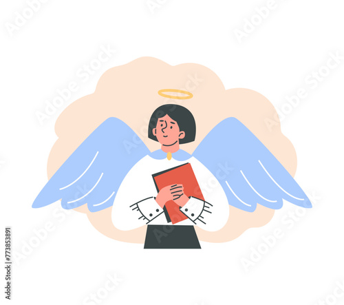 Woman with angel wings and halo smiles, vector cartoon positive goddess female character holding a folder in hands