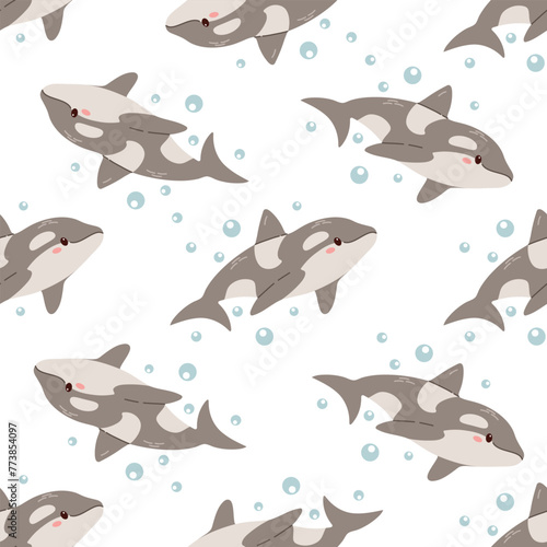 Cute hand-drawn colored killer whale in flat style, seamless pattern, ocean aquatic underwater kawaii vector. Vector cartoon illustration on white background.