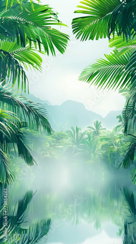 A lush green jungle with a river running through it. The trees are tall and the leaves are green. The sky is cloudy and the sun is not visible