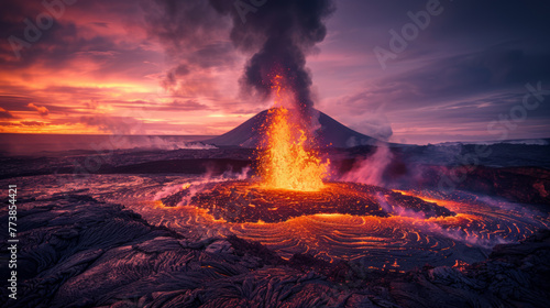 Twilight eruption of a volcano with lava flow and smoke against a dramatic sky. Nature and disaster concept. Generative AI