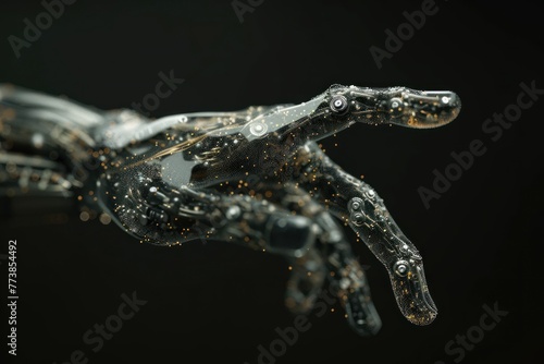 ultra close-up view tiny sci-fi particles forming a robotic hand