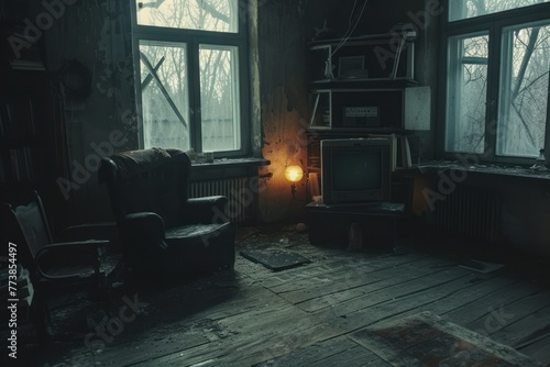 atmospheric cinematic shot of old interior, with soviet non-fictional movie aesthetics touch