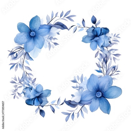 Blue thin barely noticeable flower frame with leaves isolated on white background pattern