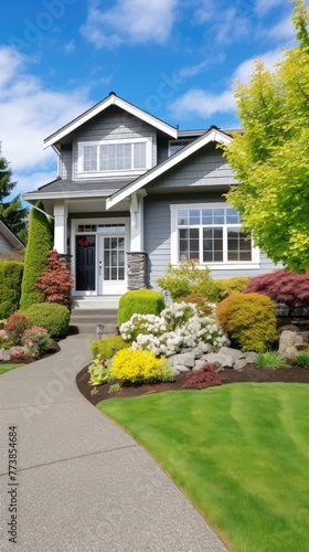 A private house with a green lawn and flowerbeds of different colors. Without people.