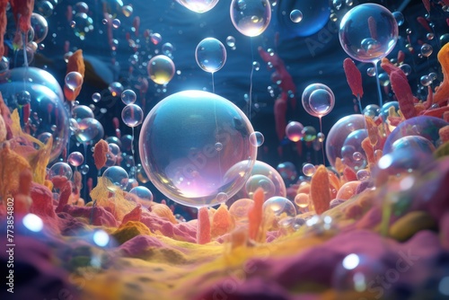 hyperdetailed conceptual scene with big magic bubbles with tiny worlds inside close-up view #773854802