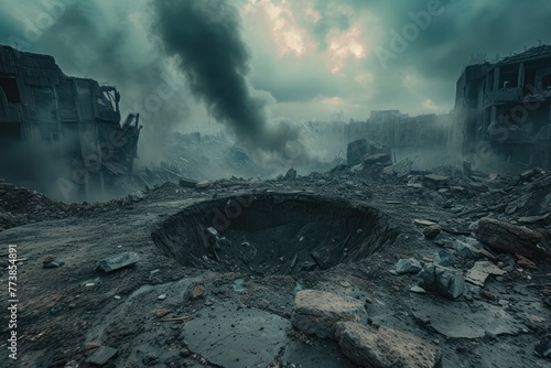 Moody weather post-apocalyptic wide angle view of a huge crater of bombs in the ground photo