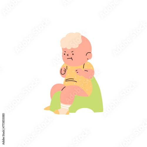 A charming vector illustration of a focused blond boy carefully potty training on a white background