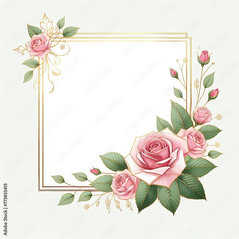 Floral card with copy space and flowers with leaves – Template background with frame and pink rose ornaments Floral card with copy space and flowers with leaves – Template background with frame and pink rose ornaments