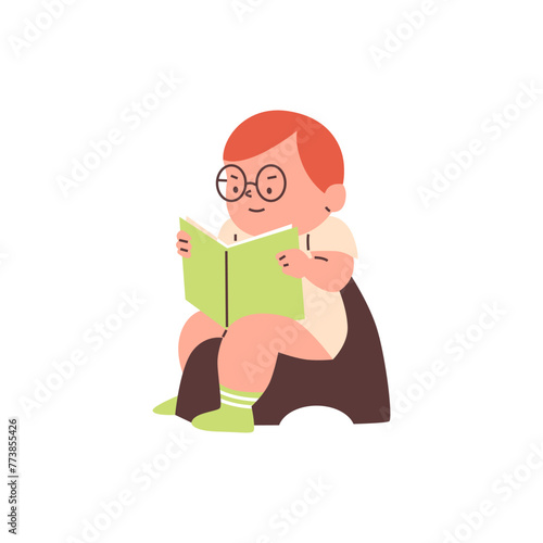 Vector character of a diligent boy with glasses on a potty with a book.