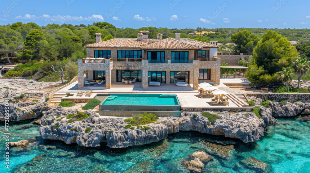 Fototapeta premium A luxury villa perched on a cliff overlooking the ocean with a pool, in a real-life photo on a sunny day. Architecture and vacation concept. Generative AI