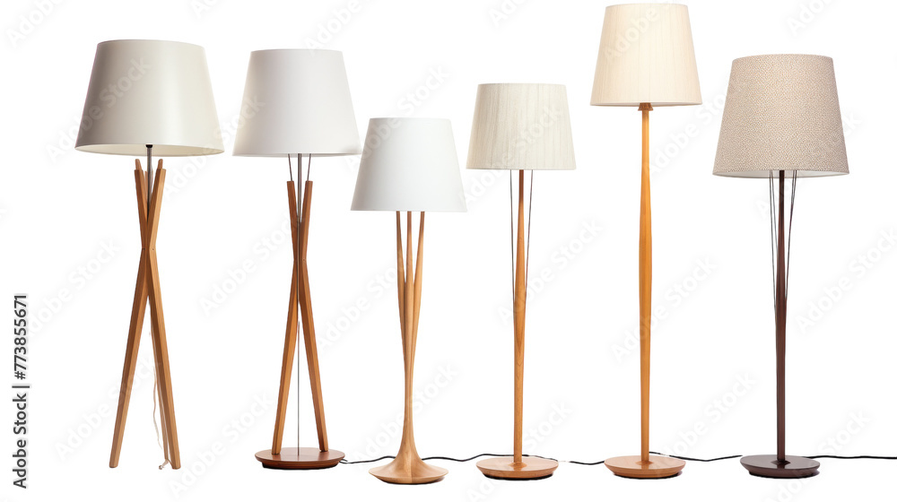 A cluster of diverse lamps stand side by side, casting a warm glow in a harmonious arrangement A cluster of diverse lamps stand side by side, casting a warm glow in a harmonious arrangement
