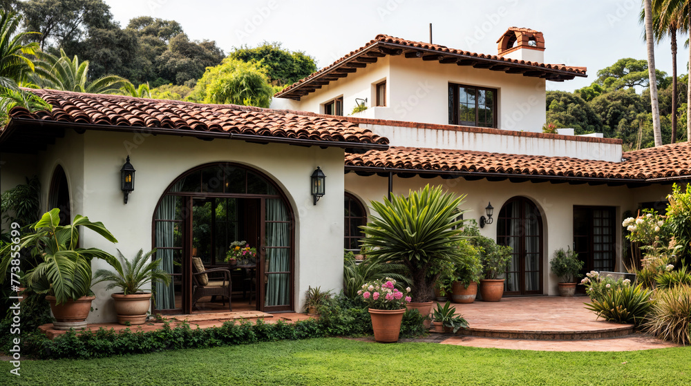 Obraz premium Front view of a mediterranean house with garden
