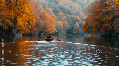 Man rowing a wooden boat on a river with autumn forest scenery. Travel and relaxation concept. Generative AI