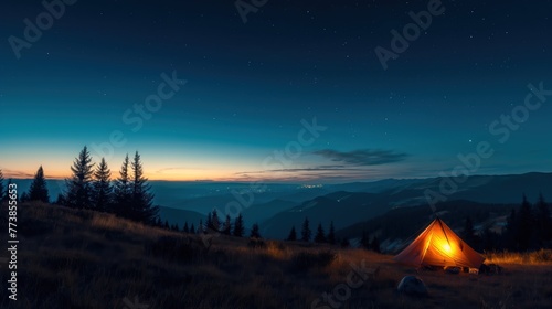 Night landscape with illuminated tent. Generative AI © saicle