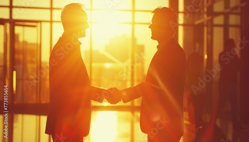Two men shake hands in a business meeting by AI generated image