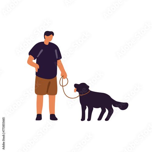 Owner holds leash in hand, leads puppy. Man walks his fluffy doggy. Pet sitter strolls dog. People spend time with domestic animal outdoor. Flat isolated vector illustration on white background