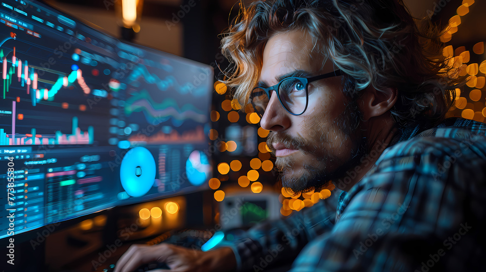 A focused individual examines complex financial charts and graphs on multiple monitors, illustrating data analysis and market research in a modern setting