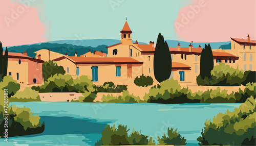 Vintage panorama of the old town landscape with houses and river  delicate pastel colors