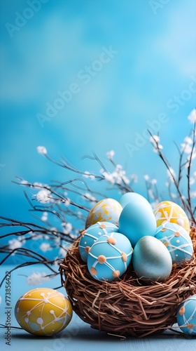 A basket of colorful eggs with copyspace on a blue background. Easter egg concept, Spring holiday
