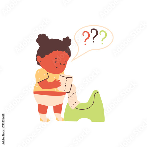 Cute smiling baby girl with toilet paper, vector cartoon toddler learning to use potty, hygiene education, question mark
