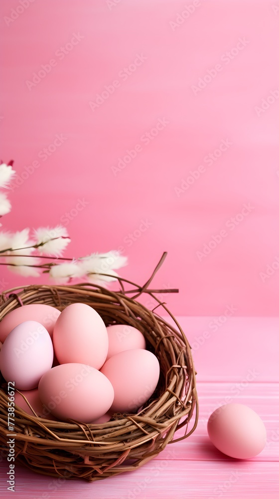 A basket of colorful eggs with copyspace on a pink background. Easter egg concept, Spring holiday