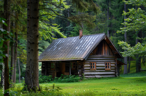 log cabin with metal roof, near green trees and grass in a forest