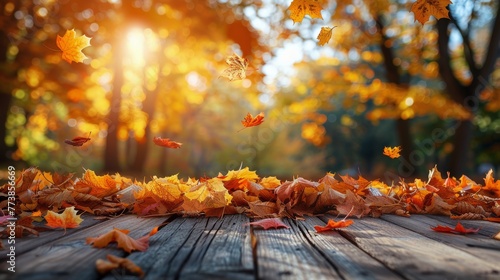 Wooden Table Covered With Leaves
