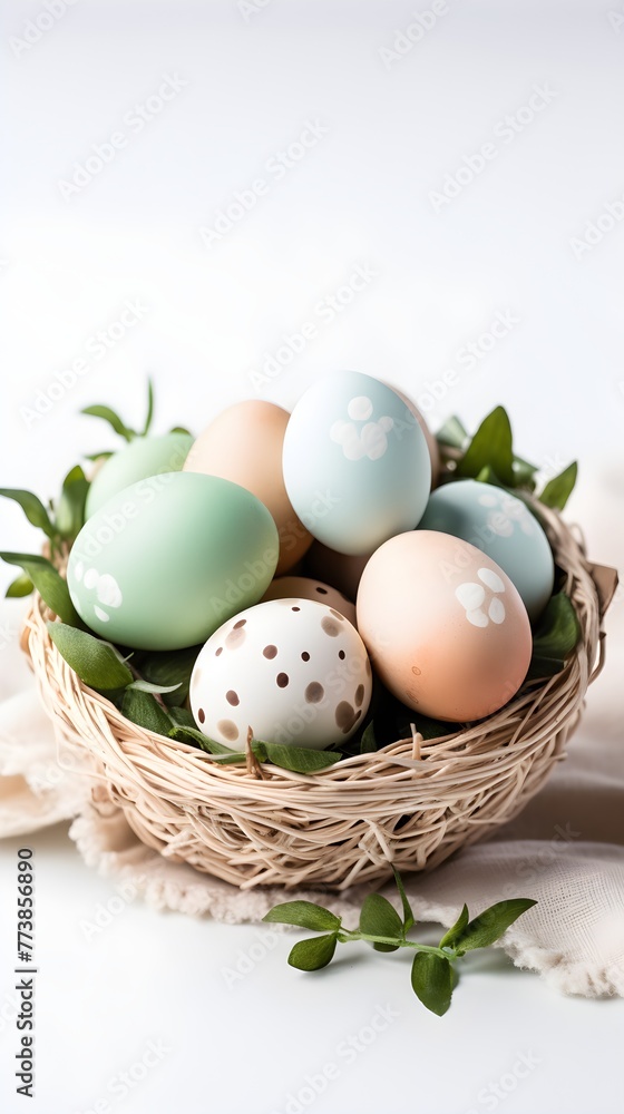 A basket of colorful eggs with copyspace on a white background. Easter egg concept, Spring holiday