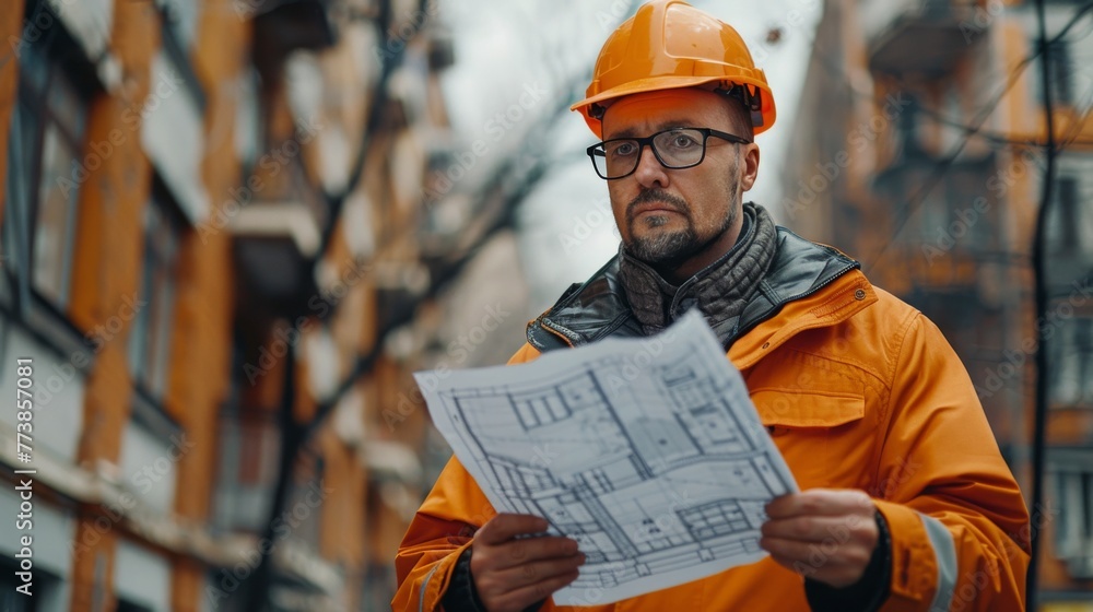 Construction Worker Holding Blueprint Near Building Construction Worker Holding Blueprint Near Building