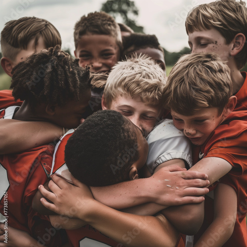 A heartfelt group huddle of a young football team showing unity