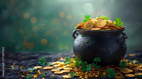 Pot of Gold Coins With Shamrock Sprouting